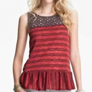 Free People Bohemian Boho Stripped Eyelet Peplum Top